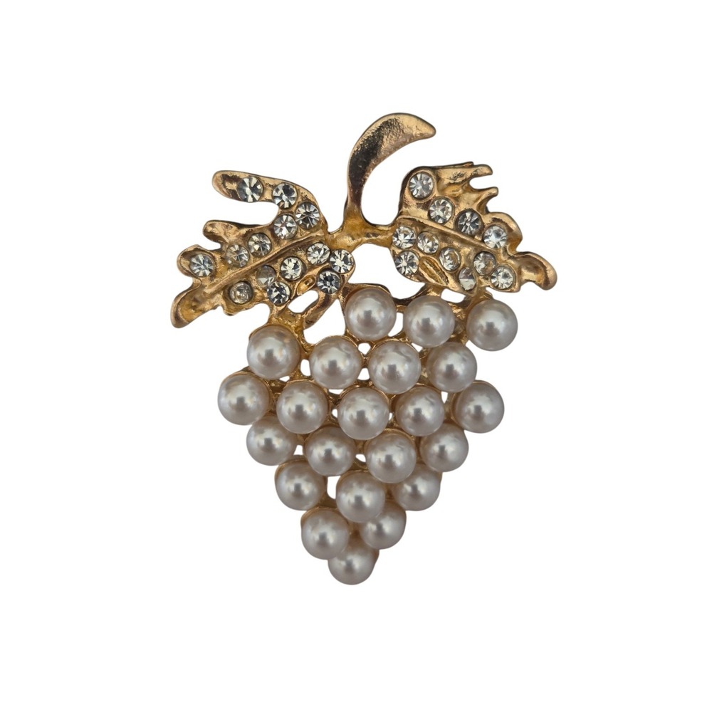 Gold-Tone Pearl Rhinestone Bunch Of Grapes Fashion Brooch